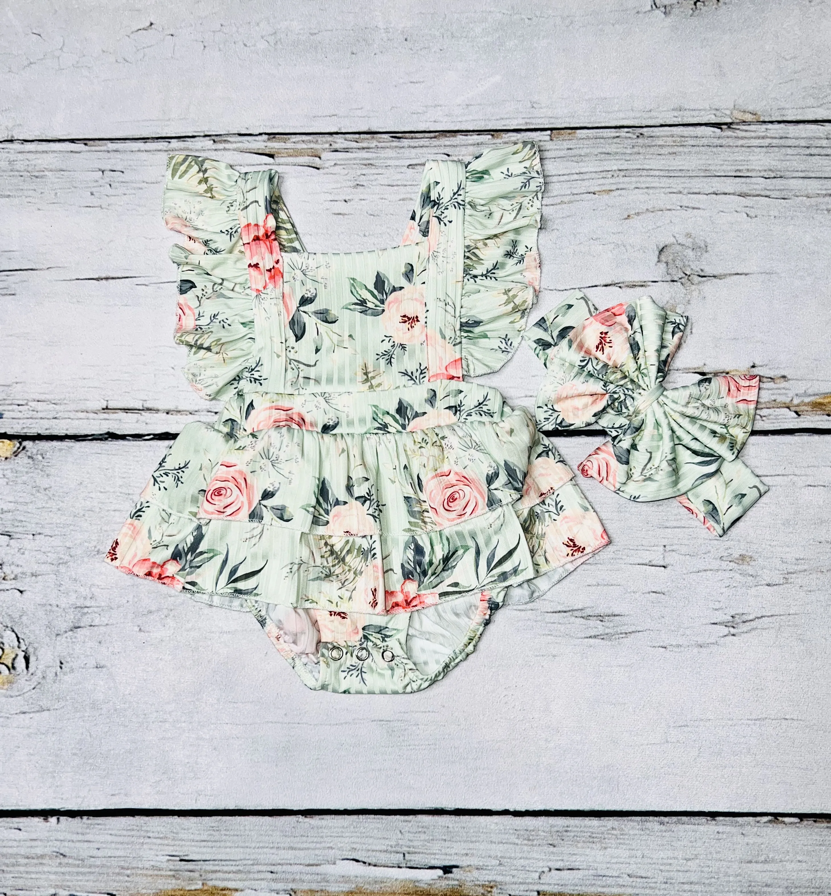 Light mint floral print ruffle baby romper w/matching headband DLH1124-9