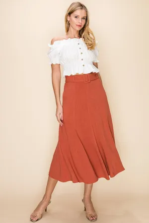 Linen Mix Belted Midi Skirt