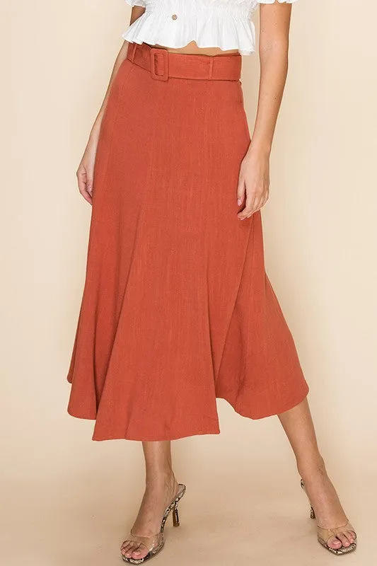 Linen Mix Belted Midi Skirt