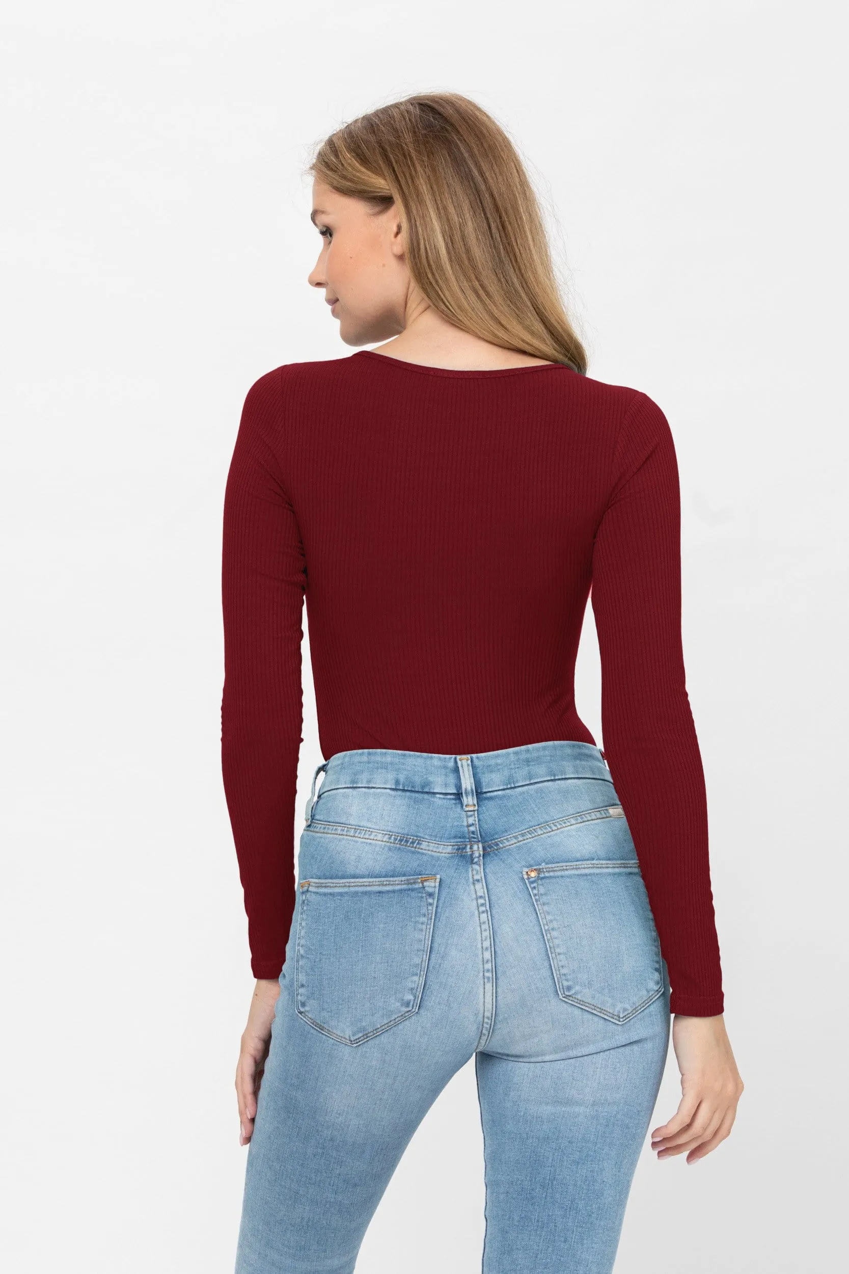 Long Sleeve Sexy Scoop Neck Tank Top Button Down Ribbed Bodysuits