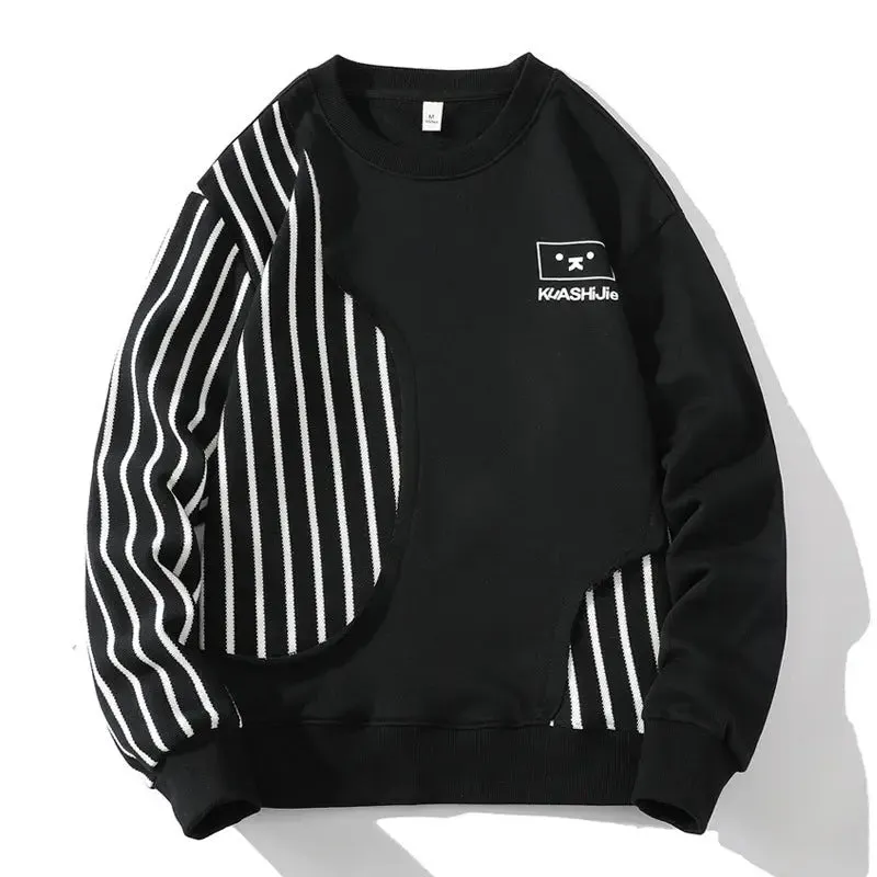 Loose Sports Long-sleeved T-shirt Patchwork Stripes Printed Men's Clothing Round-neck Sweatshirt