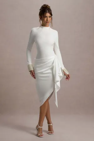 Luanna | Ecru Satin Long-Sleeve Midi Dress With Draped Skirt