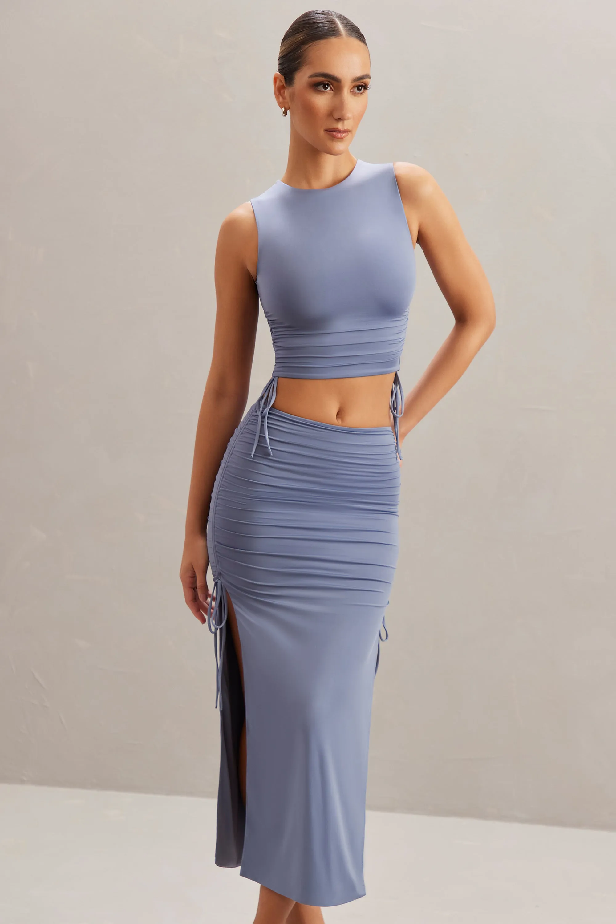 Mid Rise Midi Skirt in Blue