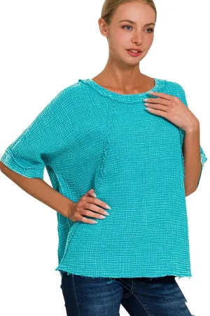 Mineral Washed Double Layer Gauze Top in Light Teal FINAL SALE