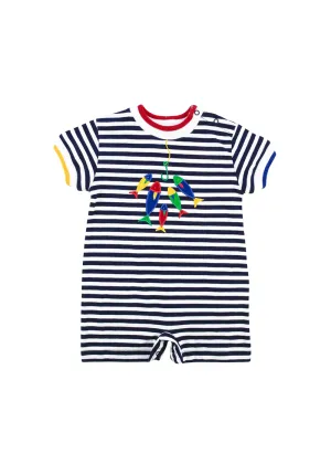 Navy and White Stripe Knit Shortall With Fish