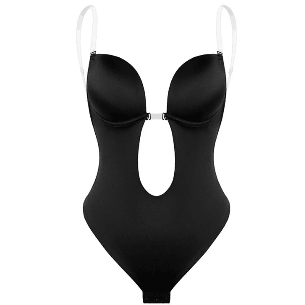 New Sexy Bodysuit Corset Bra Backless Shapewear Deep V-Neck Body Shaper U Plunge Thong Waist Trainer Clear Strap Padded Push Up