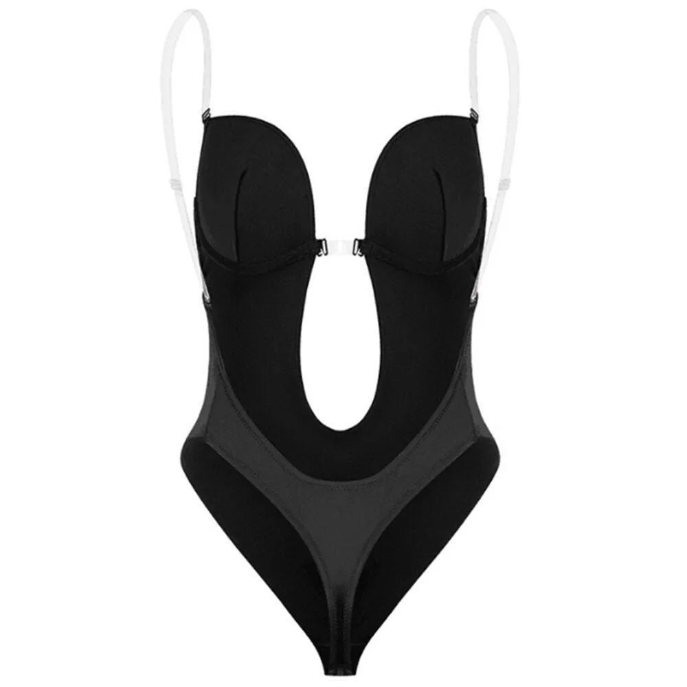 New Sexy Bodysuit Corset Bra Backless Shapewear Deep V-Neck Body Shaper U Plunge Thong Waist Trainer Clear Strap Padded Push Up