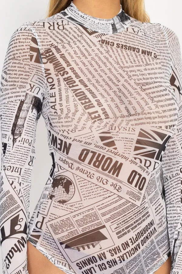 Newspaper Graphic Mesh Bodysuit