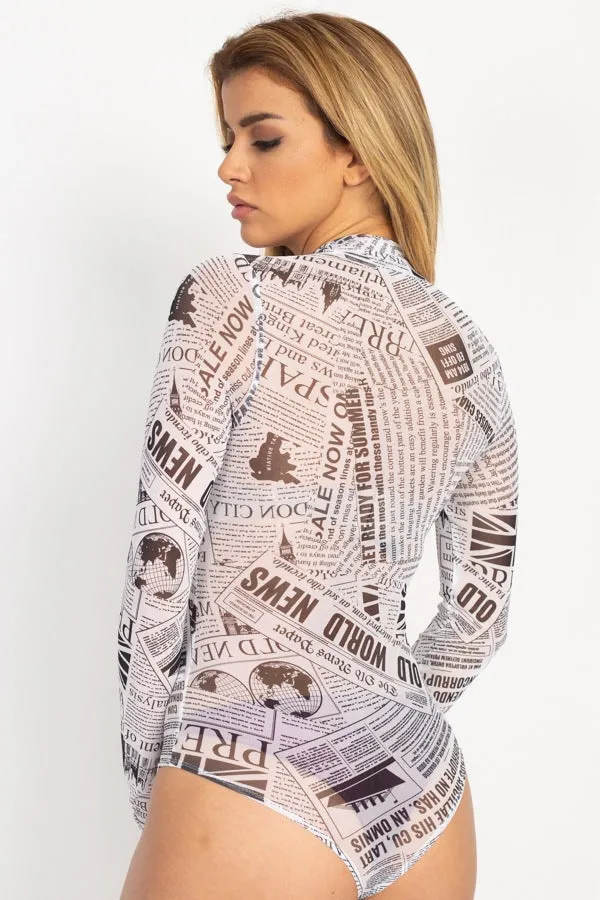 Newspaper Graphic Mesh Bodysuit