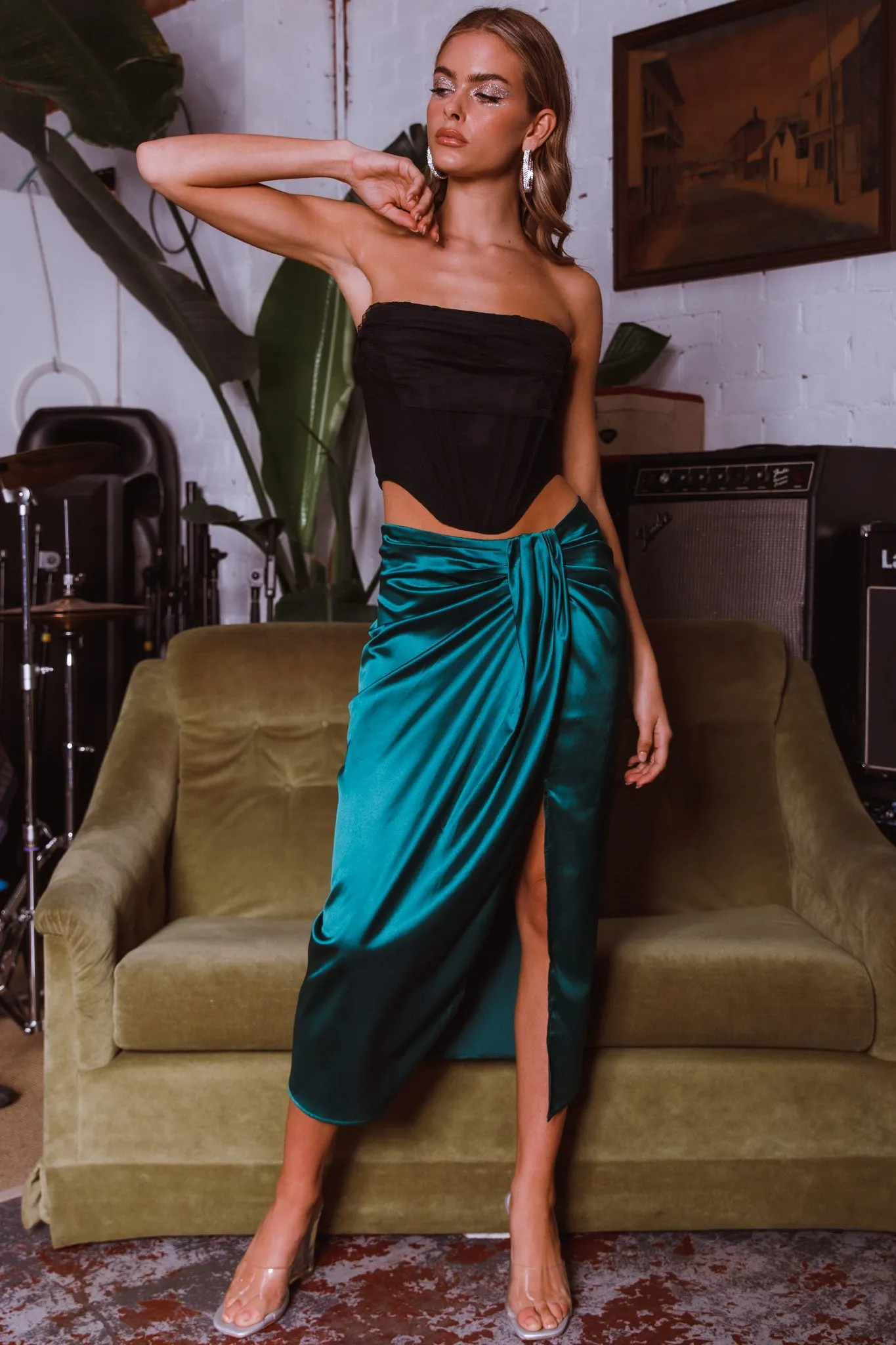 On The Money Gathered Midi Skirt Green