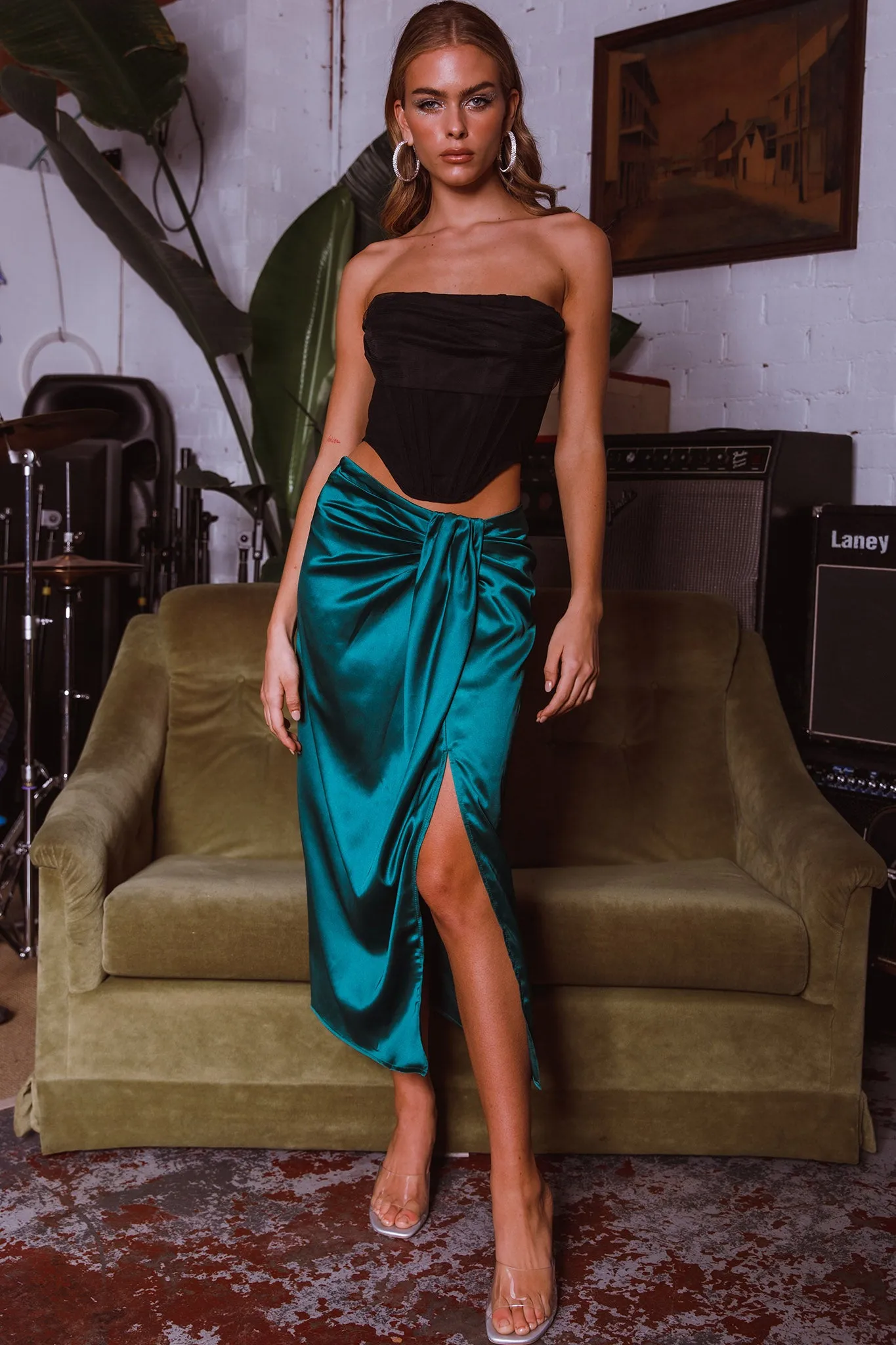 On The Money Gathered Midi Skirt Green