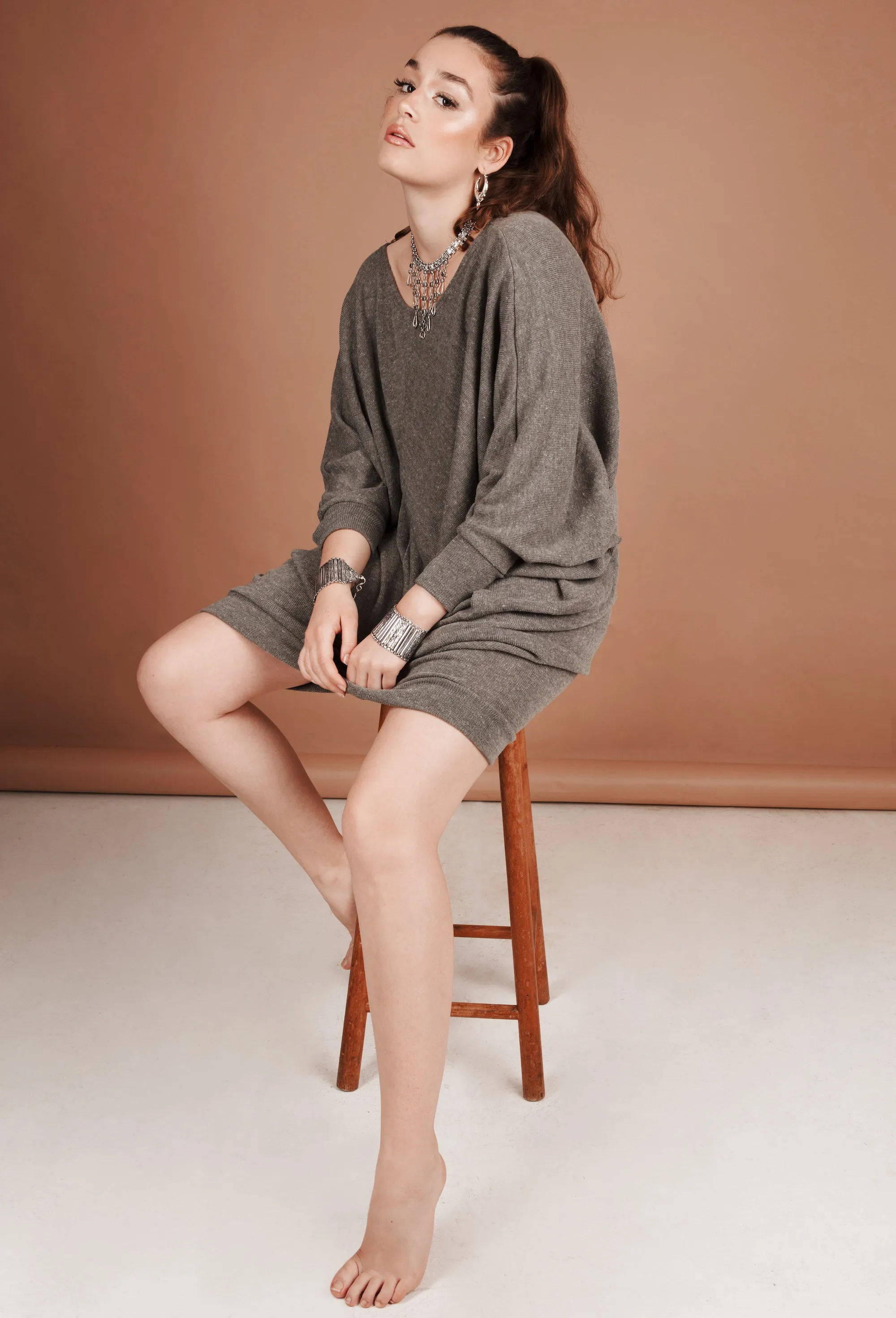 Oversized Drop Shoulder Jumper Dress - Grey