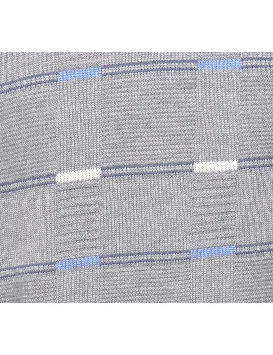 Patterned Grey & Light Blue Knit Jumper - L