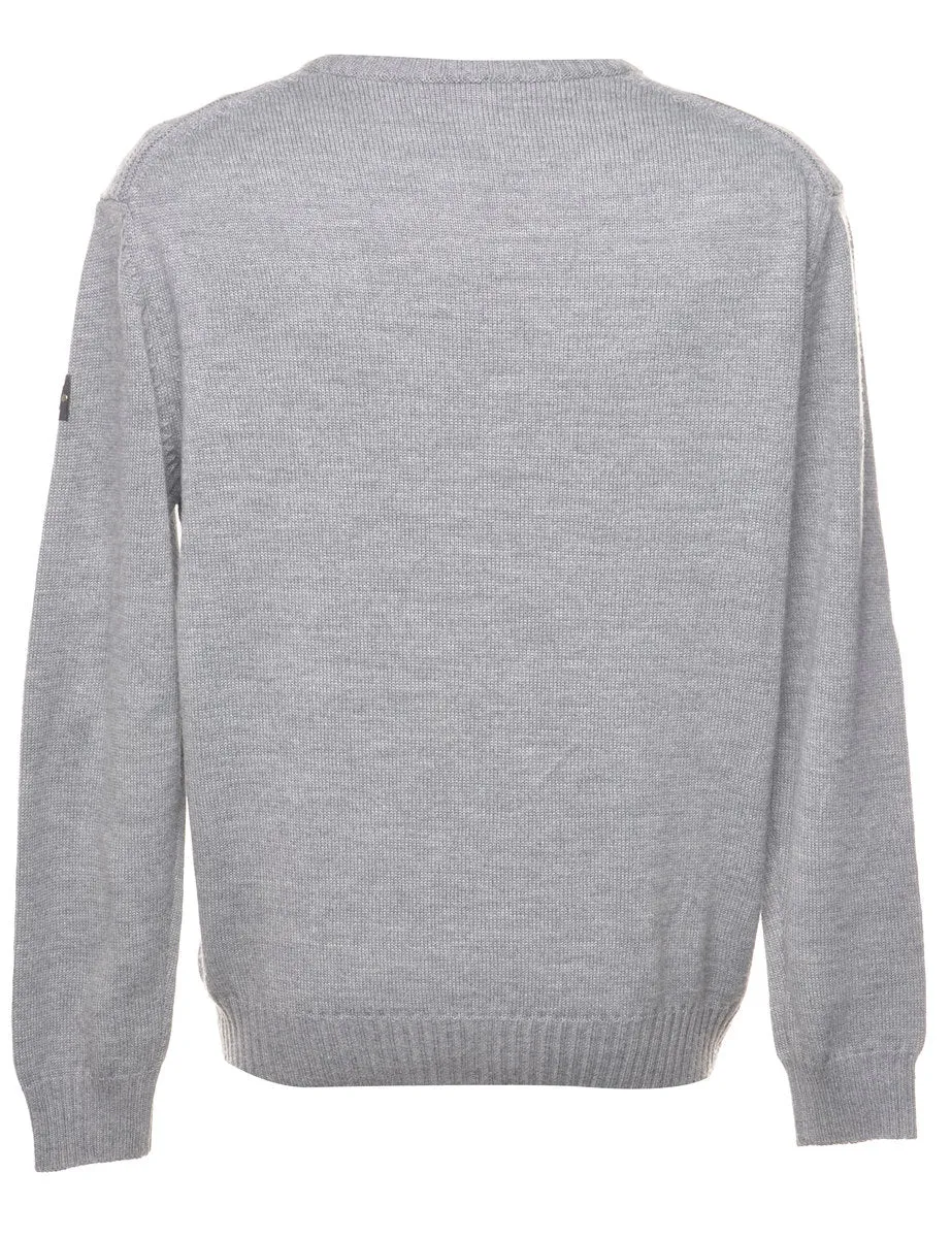 Patterned Grey & Light Blue Knit Jumper - L