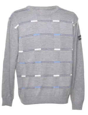 Patterned Grey & Light Blue Knit Jumper - L