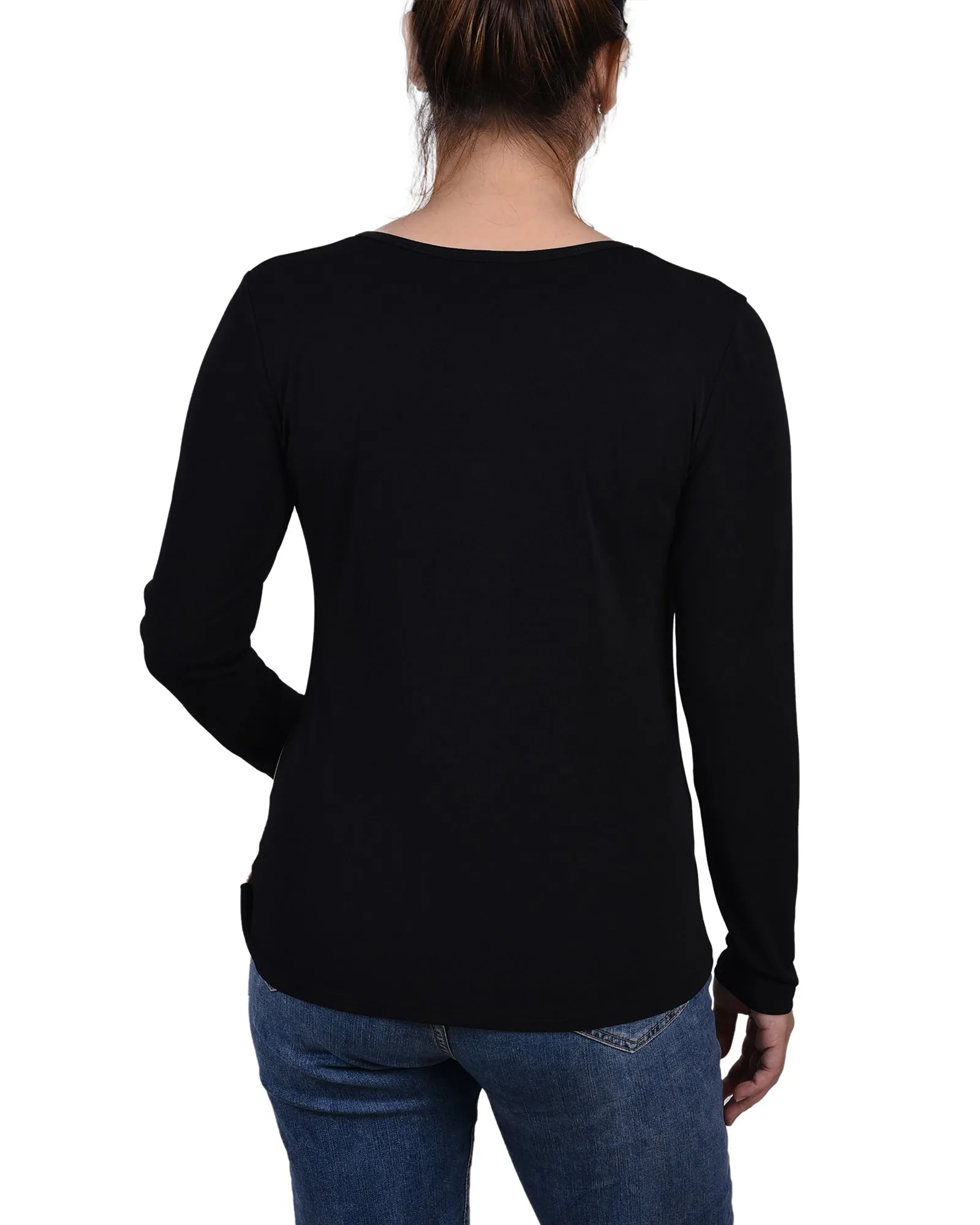 Petite Long Sleeve Studded Colorblocked Split Neck Top