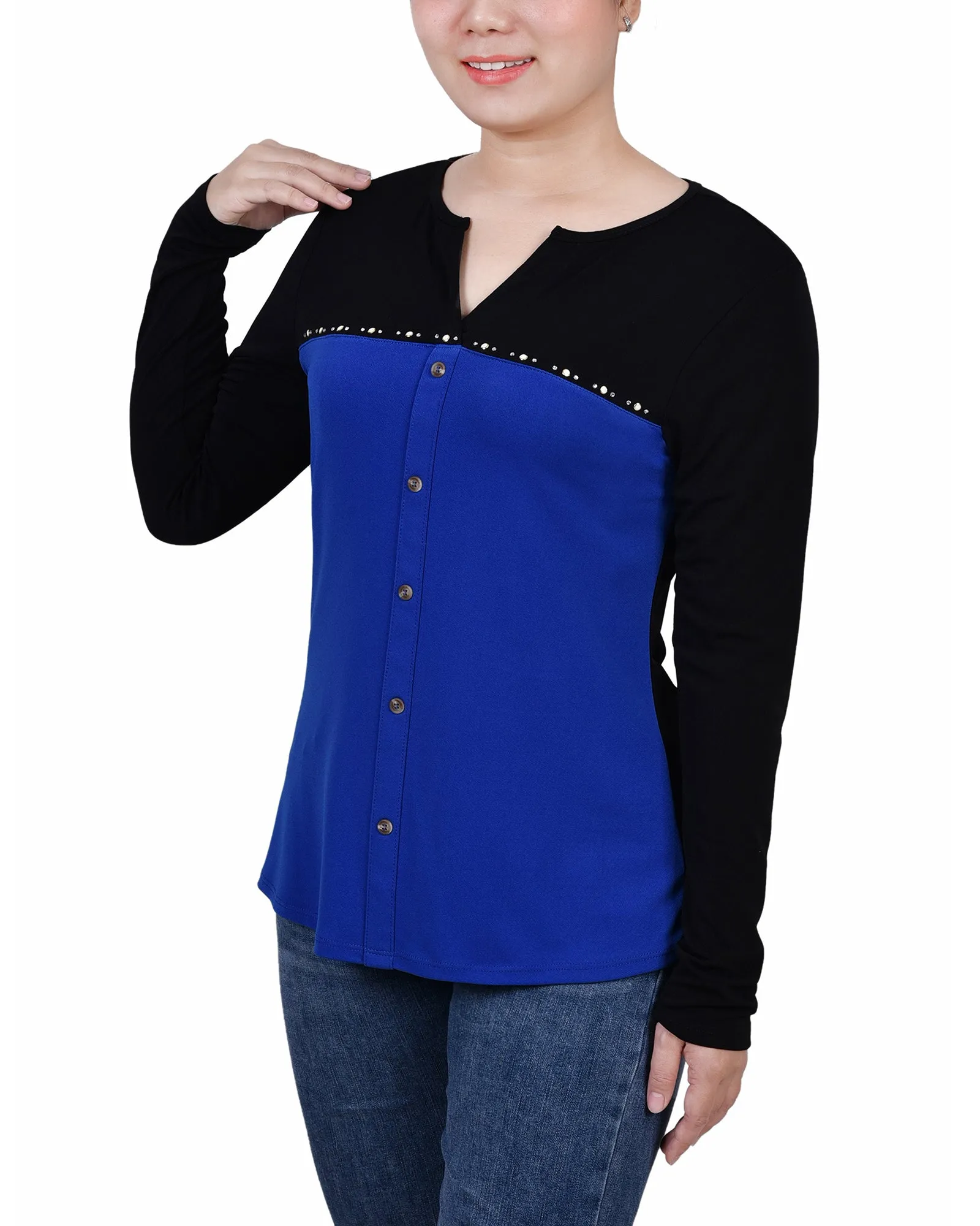 Petite Long Sleeve Studded Colorblocked Split Neck Top