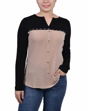 Petite Long Sleeve Studded Colorblocked Split Neck Top