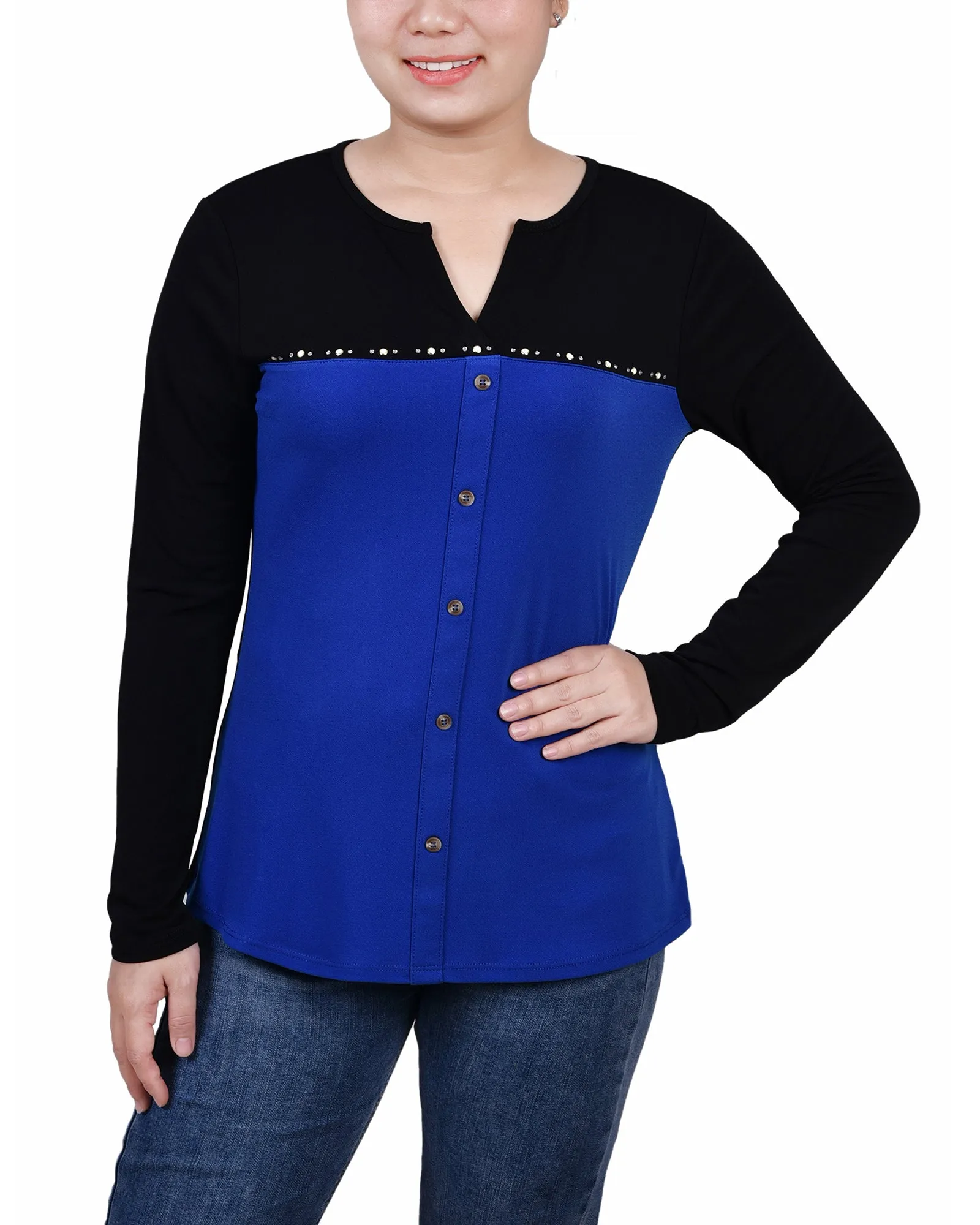 Petite Long Sleeve Studded Colorblocked Split Neck Top