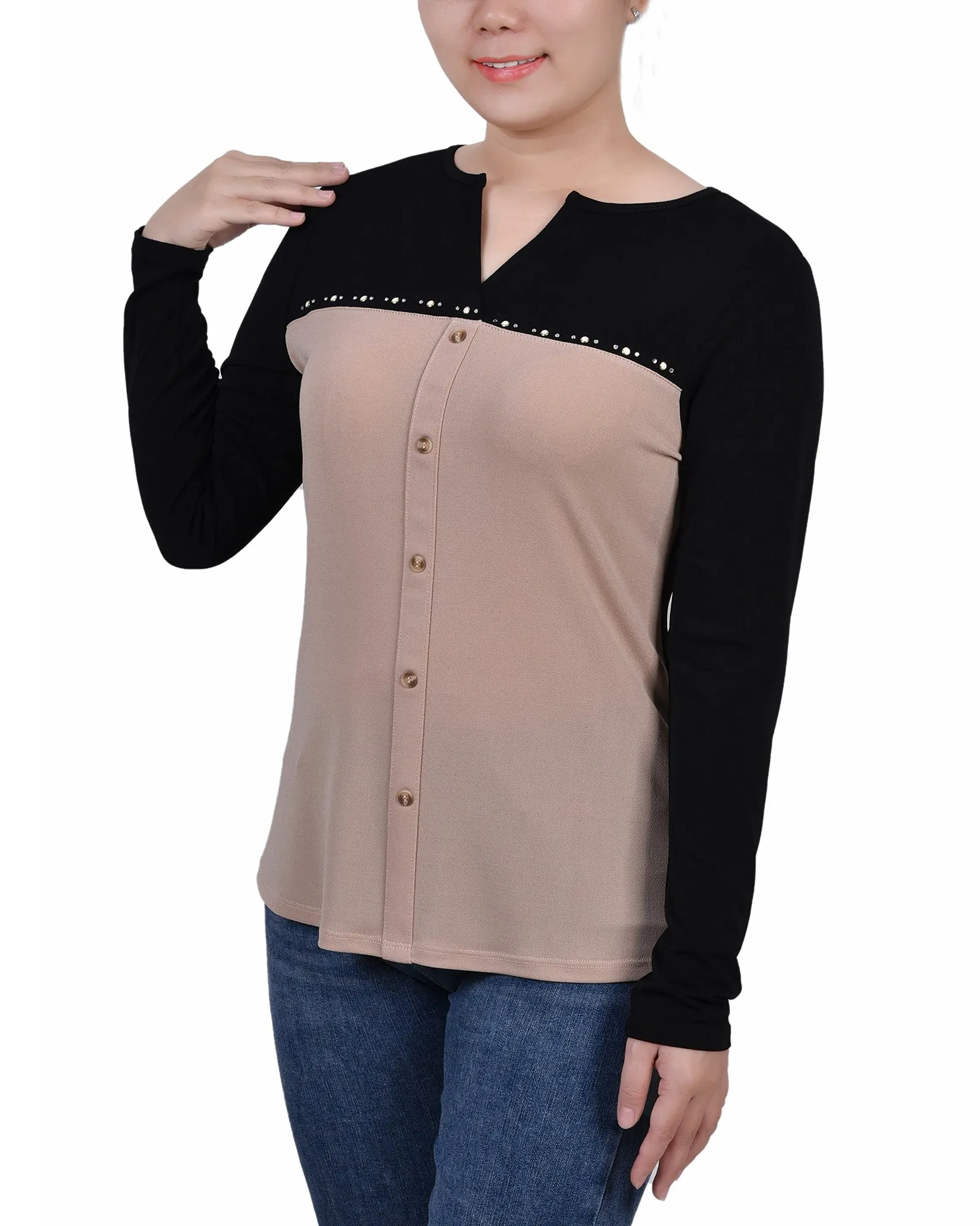 Petite Long Sleeve Studded Colorblocked Split Neck Top