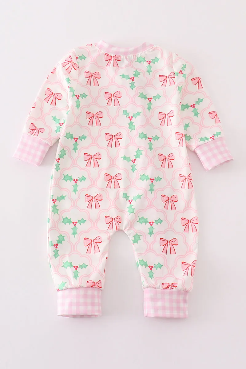 Pink christmas holly bow print girl romper