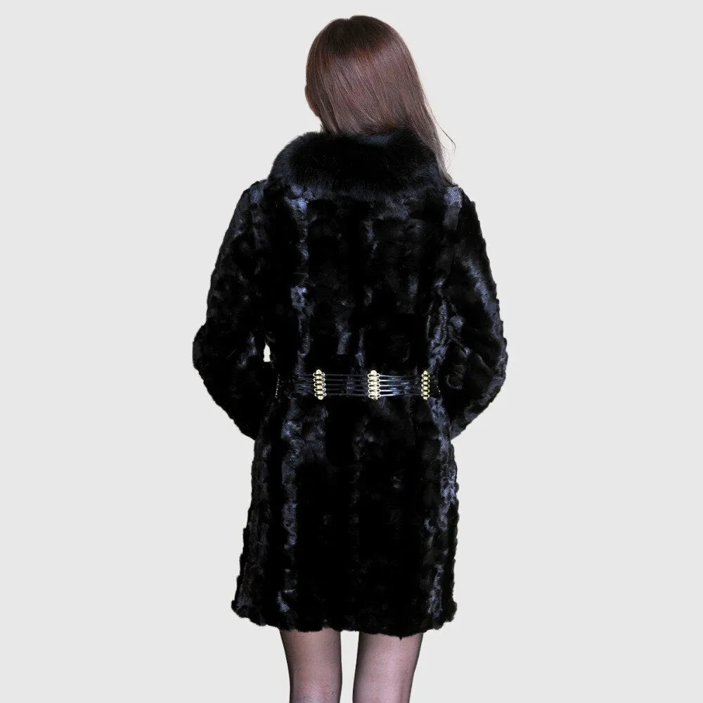 Real Mink Fur Coat Fox Fur Collar Jacket Overcoat Ladies' Garment Black FS13061