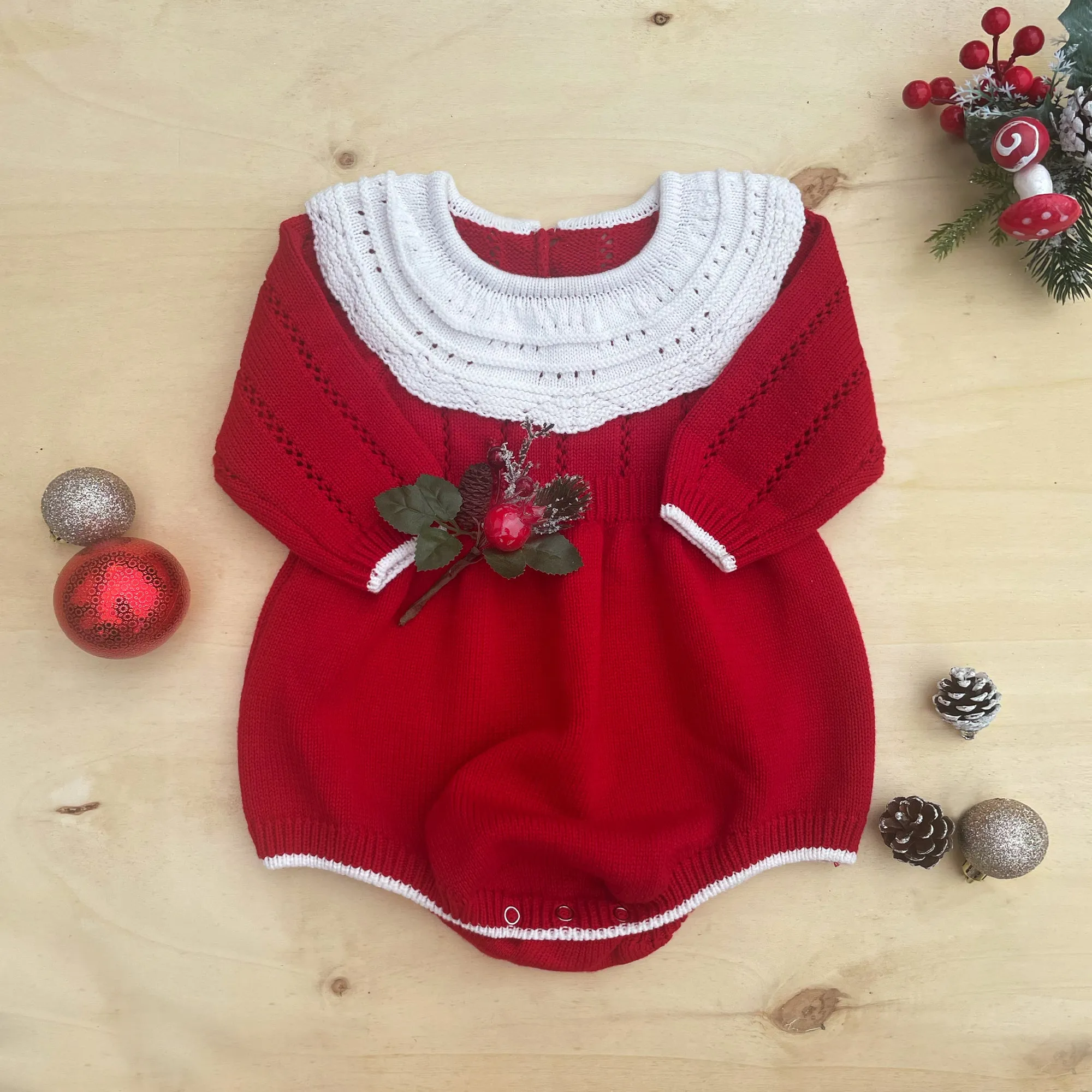 Red Knit Christmas Baby Girl Bubble Romper Long Sleeve, of Cotton Warm and Cozy