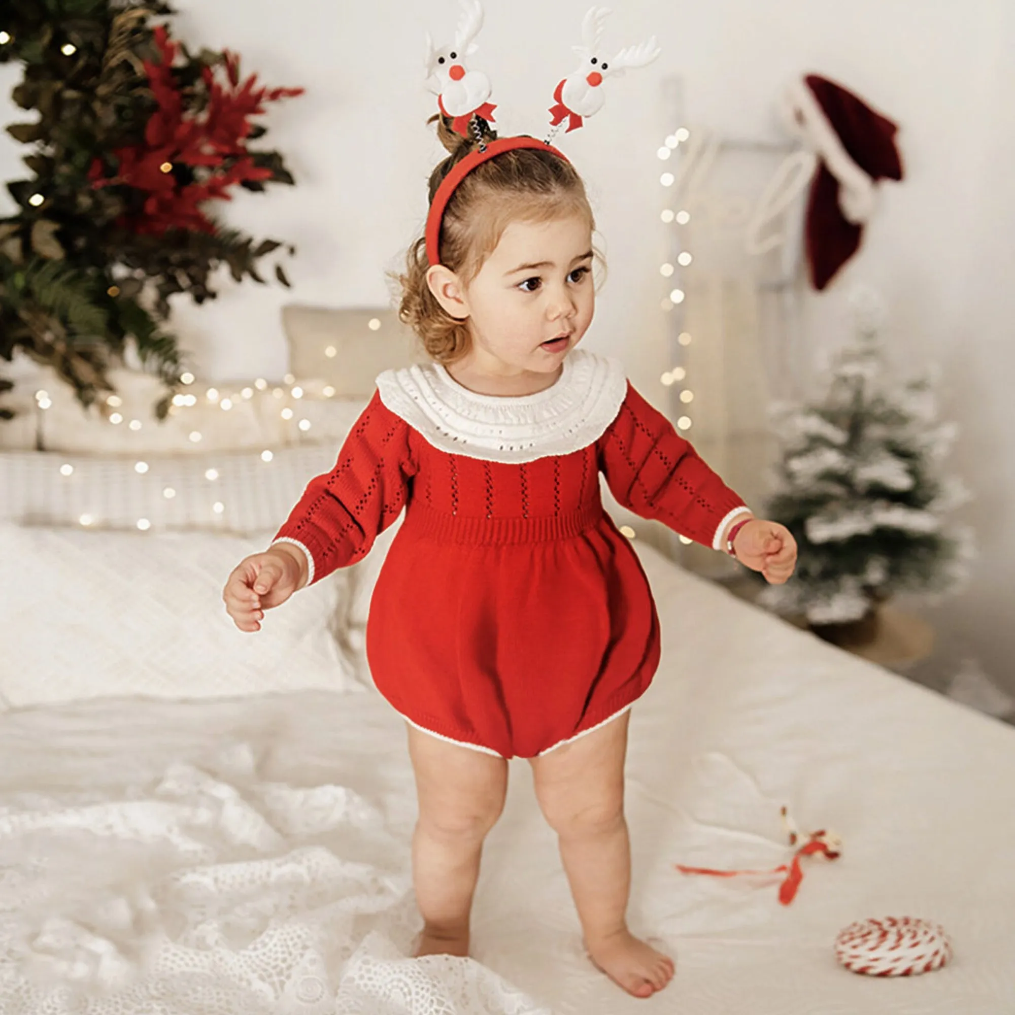 Red Knit Christmas Baby Girl Bubble Romper Long Sleeve, of Cotton Warm and Cozy