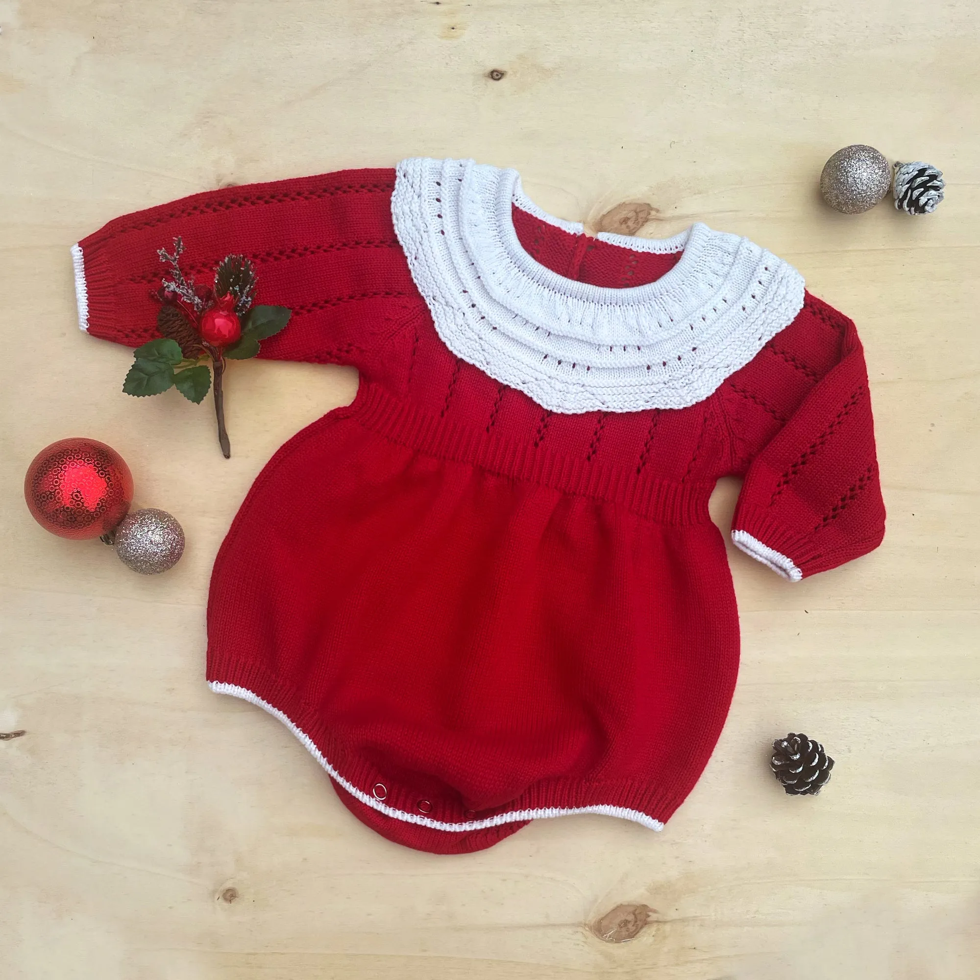 Red Knit Christmas Baby Girl Bubble Romper Long Sleeve, of Cotton Warm and Cozy