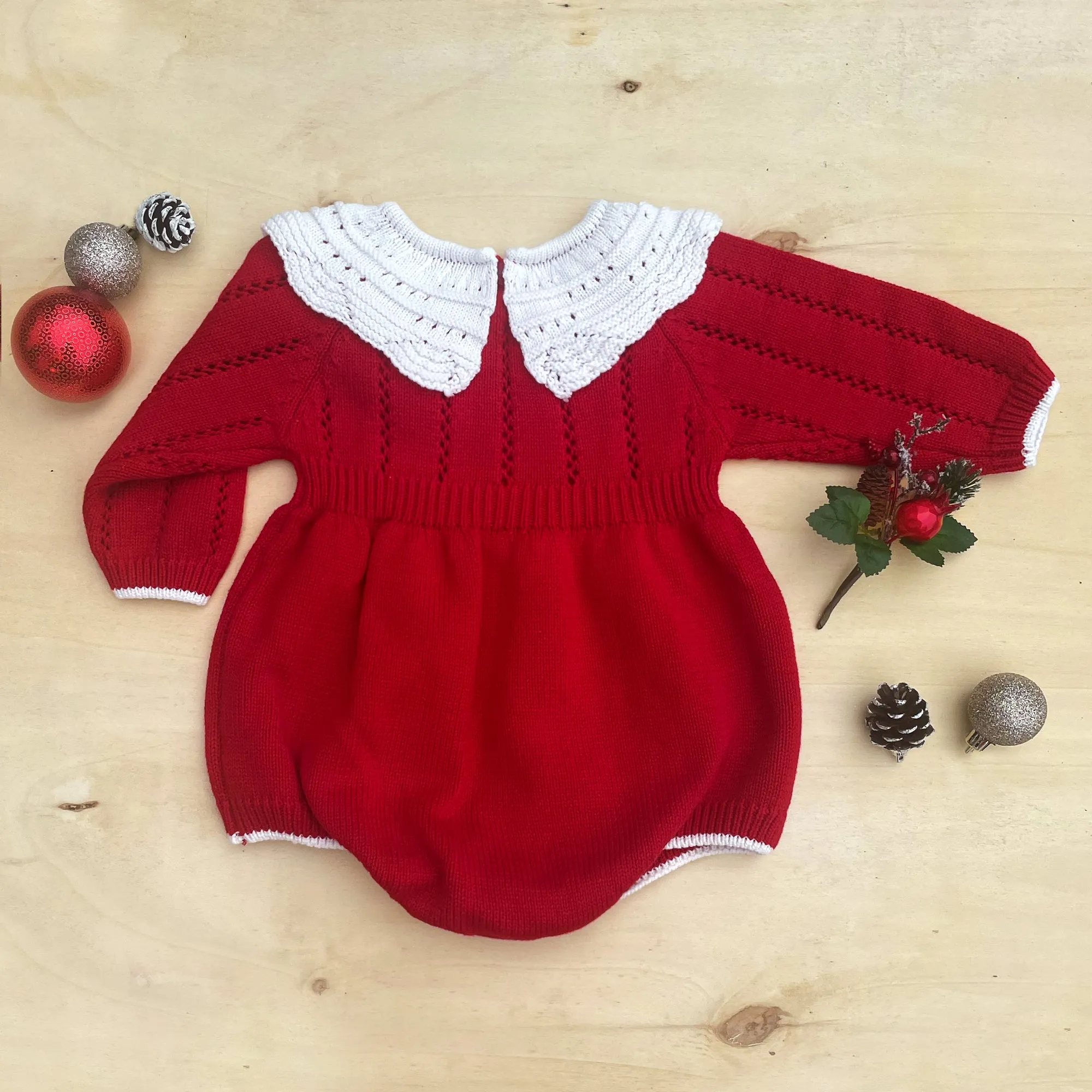 Red Knit Christmas Baby Girl Bubble Romper Long Sleeve, of Cotton Warm and Cozy