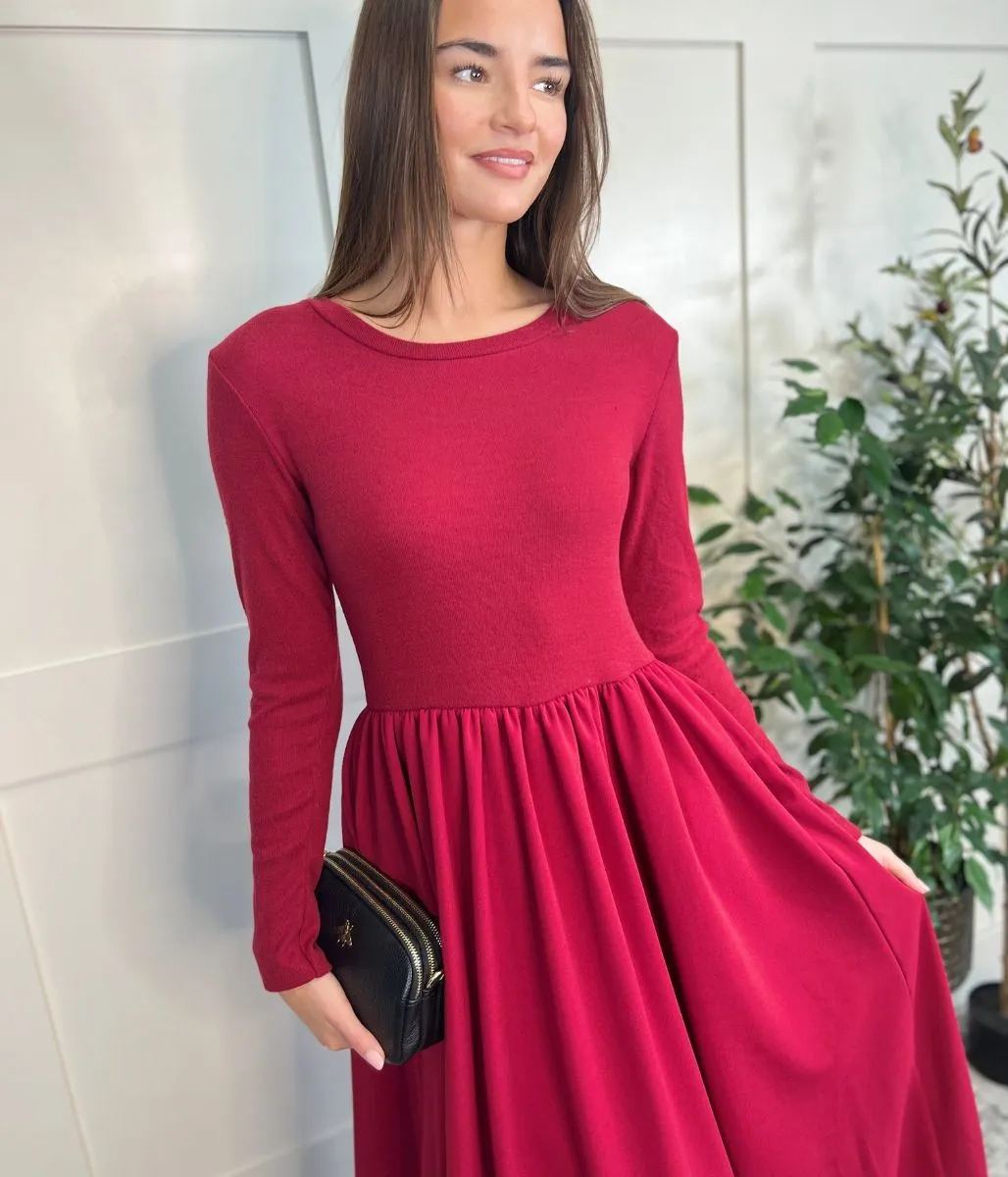 Red Knitted Bodice Midi Dress