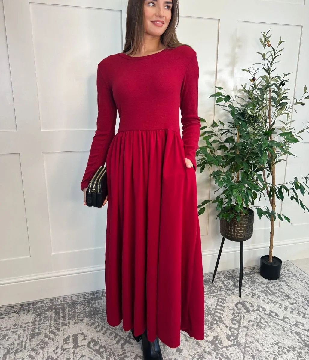 Red Knitted Bodice Midi Dress