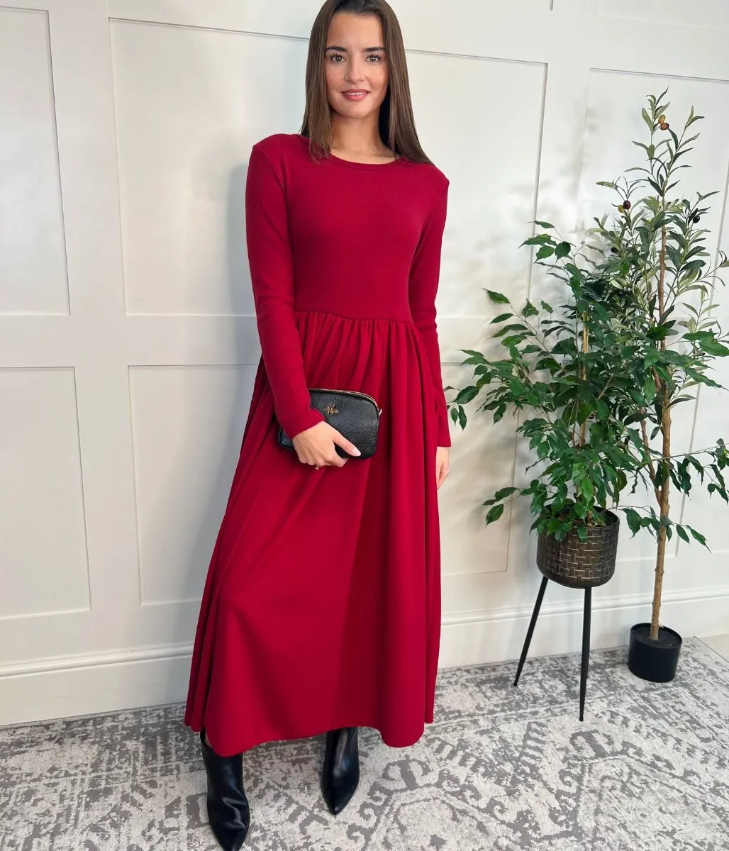 Red Knitted Bodice Midi Dress