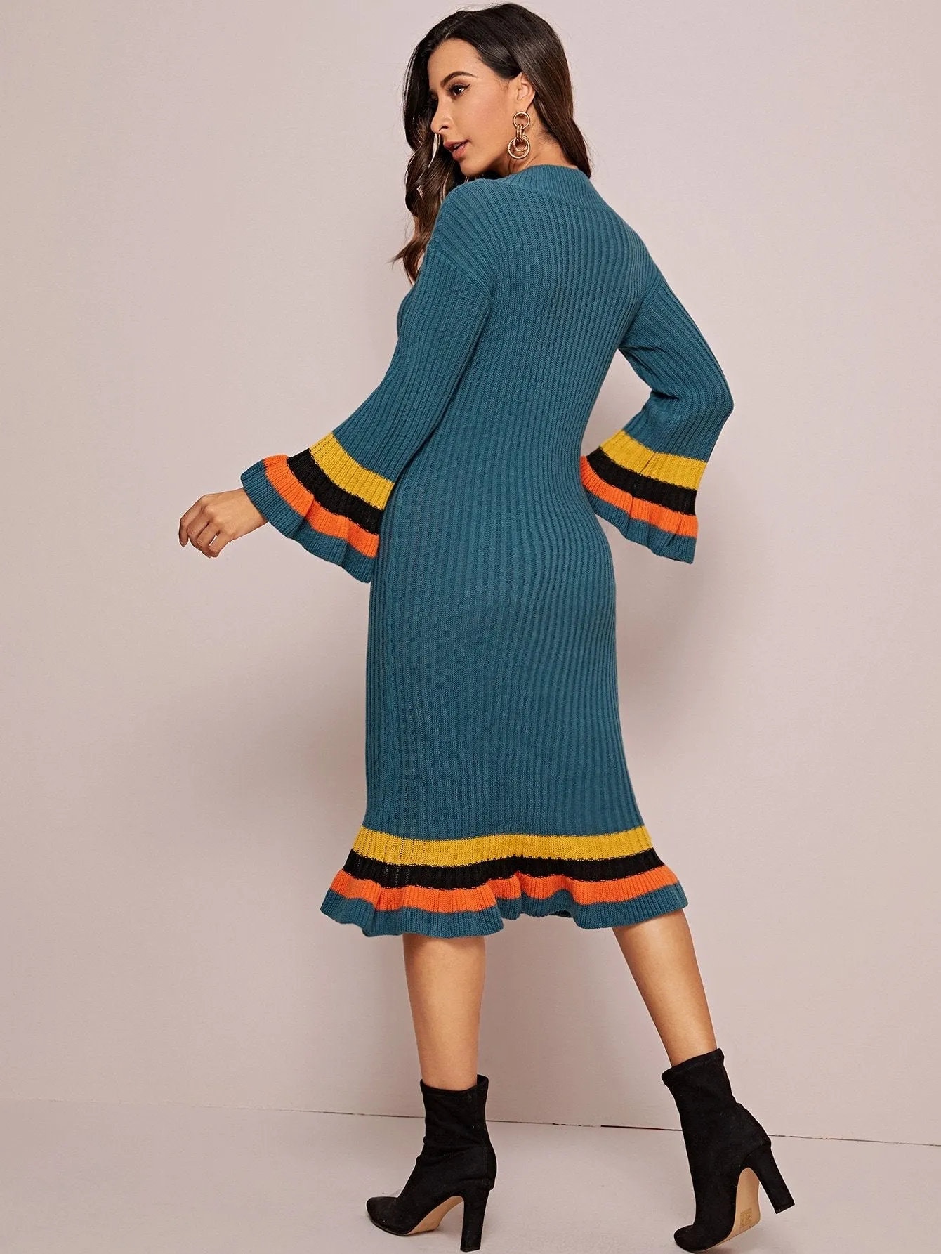 Ruffle Hem Rib-knit Striped Jumper Dress Without Belt