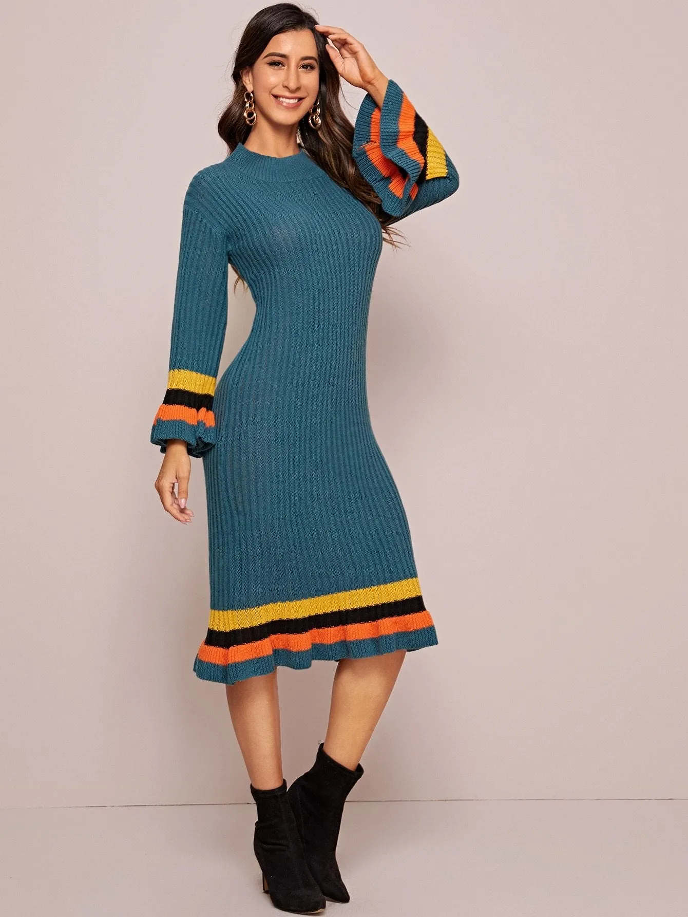 Ruffle Hem Rib-knit Striped Jumper Dress Without Belt