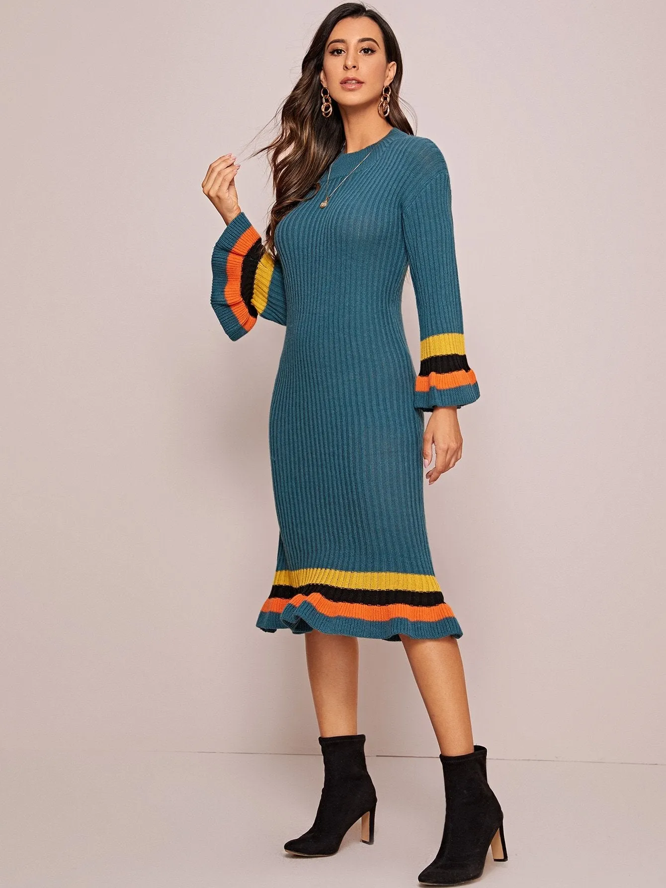 Ruffle Hem Rib-knit Striped Jumper Dress Without Belt