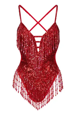 Shimmy Shimmy Sequin Bodysuit in Ruby