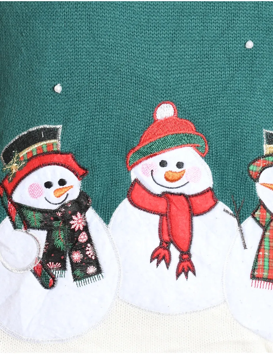 Snowman Design Green Knit Christmas Jumper - S