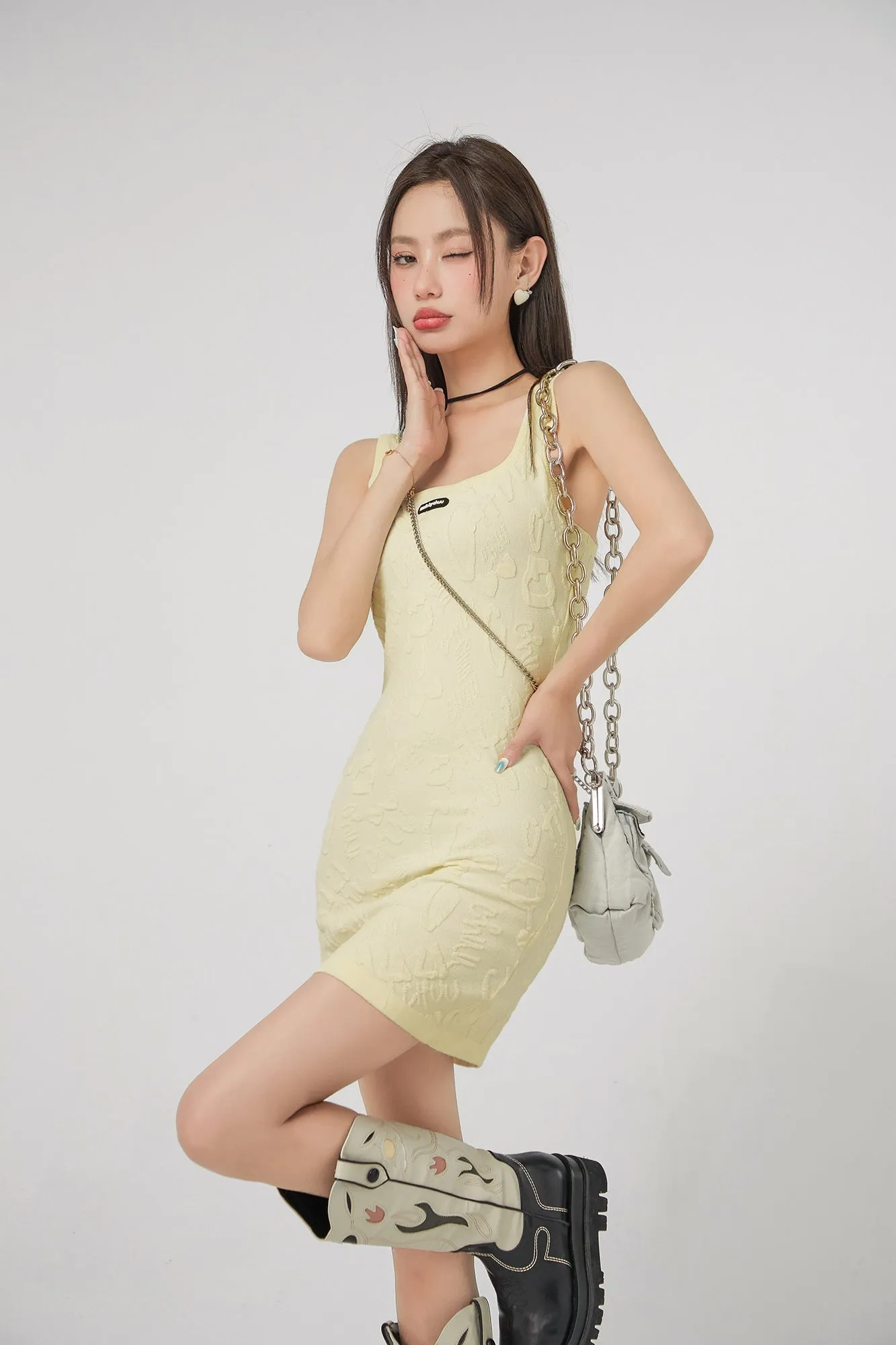 Square-Neck Embroidered Knit Mini Dress