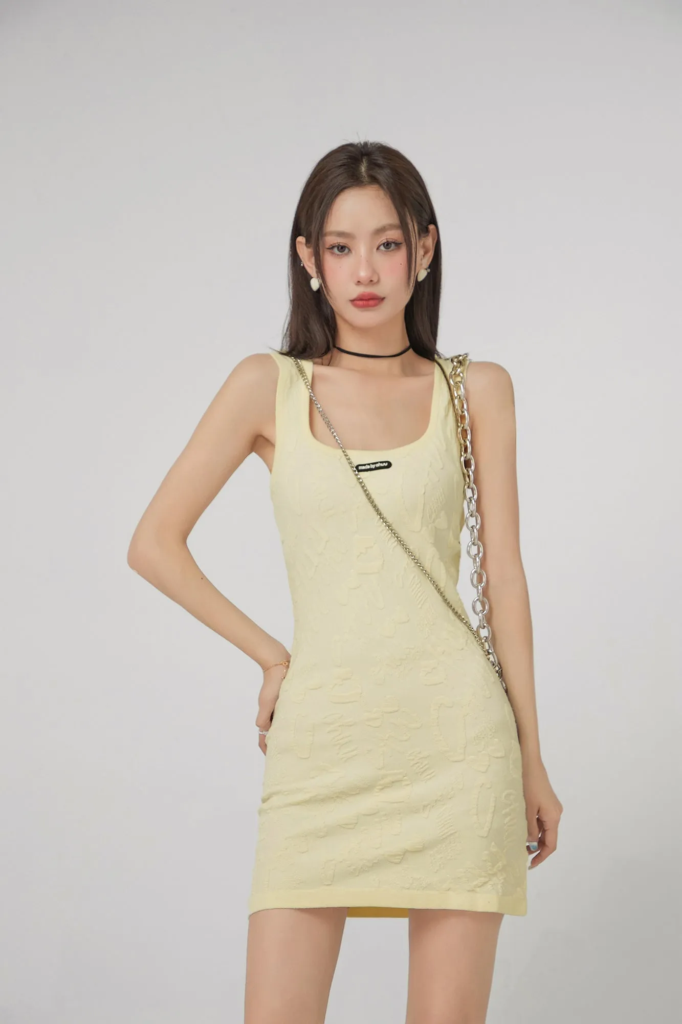 Square-Neck Embroidered Knit Mini Dress