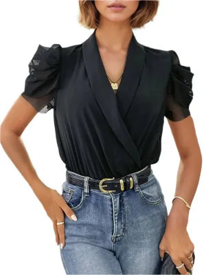 TEEK - Black Surplice Puff Sleeve Bodysuit