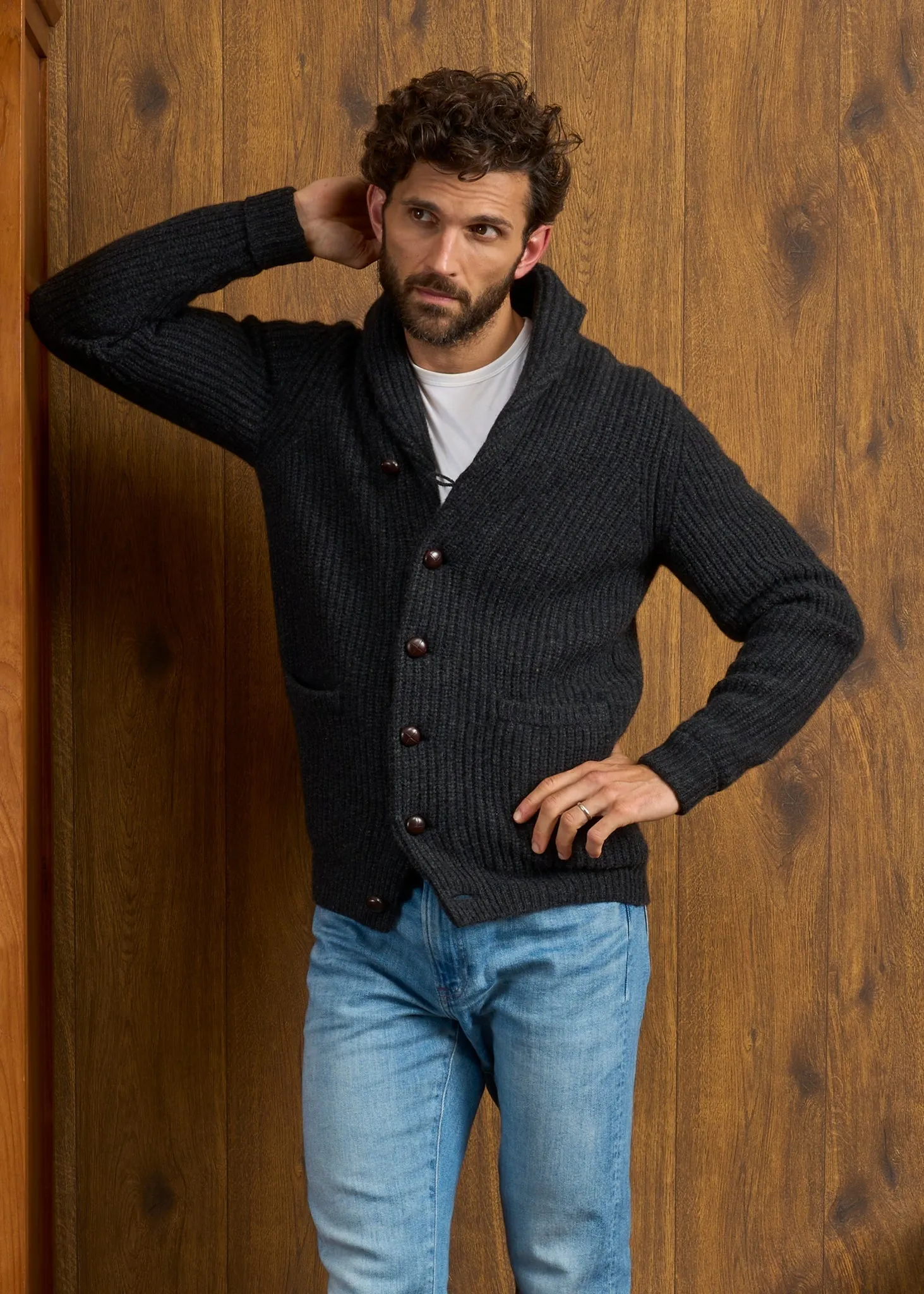 Usworth Men's Shawl Collar Lambswool Jumper In Charcoal - Regular Fit