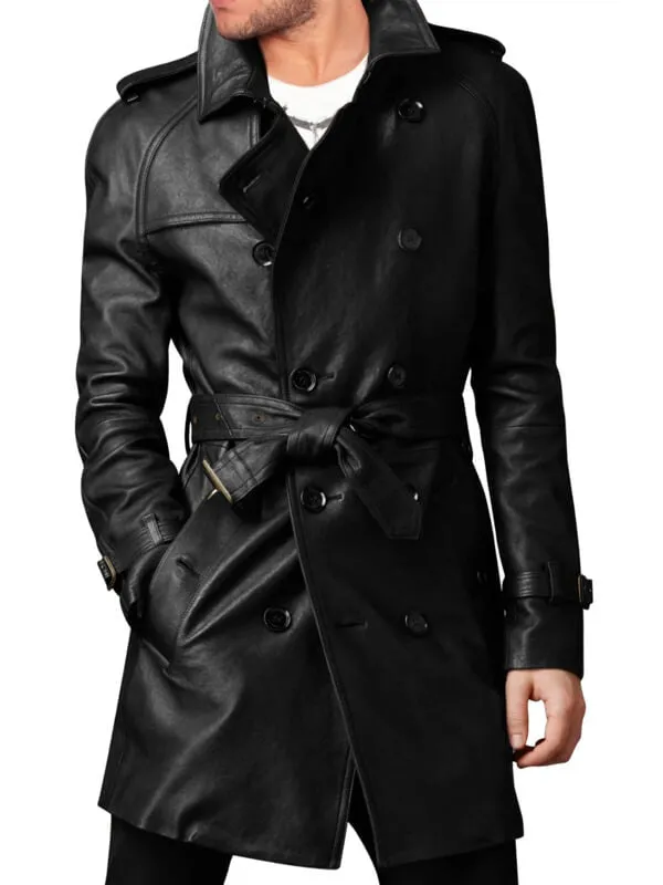 Vintage Black Leather Long Coat for Men