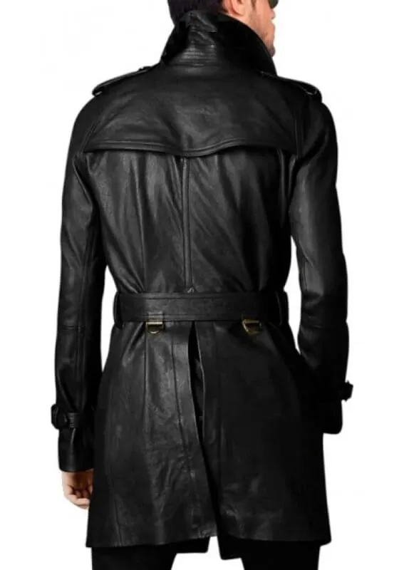 Vintage Black Leather Long Coat for Men