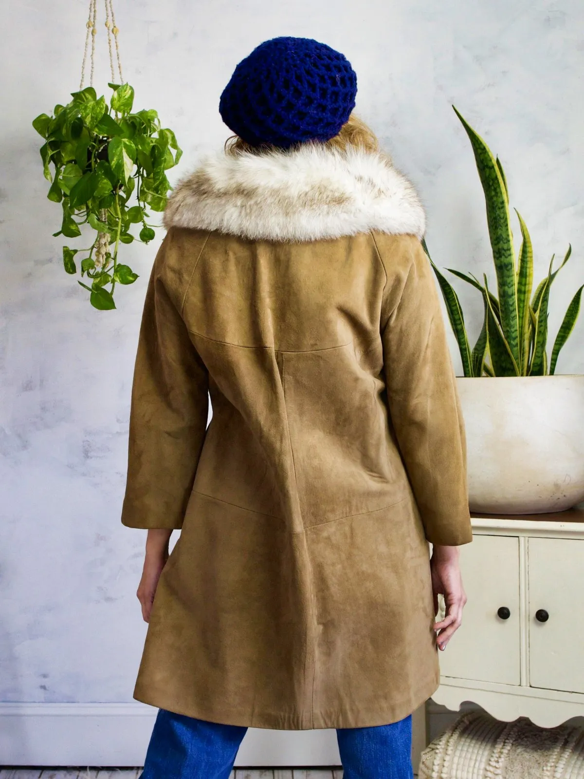 Vintage Coffee Suede Fox Fur Collar Coat