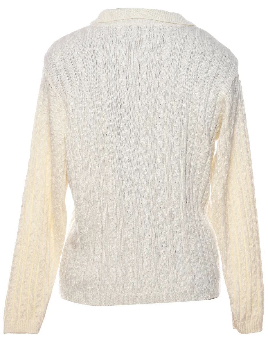 White Cable Knit Collar Detail Jumper - M