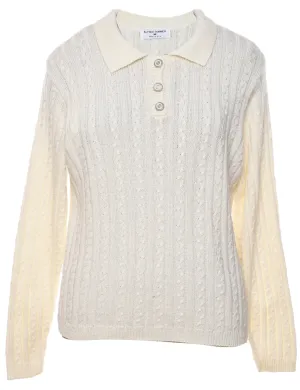 White Cable Knit Collar Detail Jumper - M