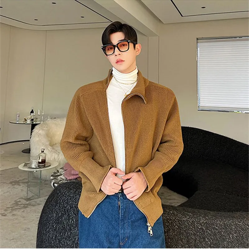 Wjczt Men  Winter Outfits Zipper Knitted Cardigan Sweater Coat for Men's Korean Autumn Winter New Loose Niche Camel Turtleneck Sweater Cuff Zipper Design