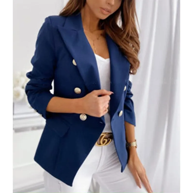 Women solid color shawl collar suit double breasted coat