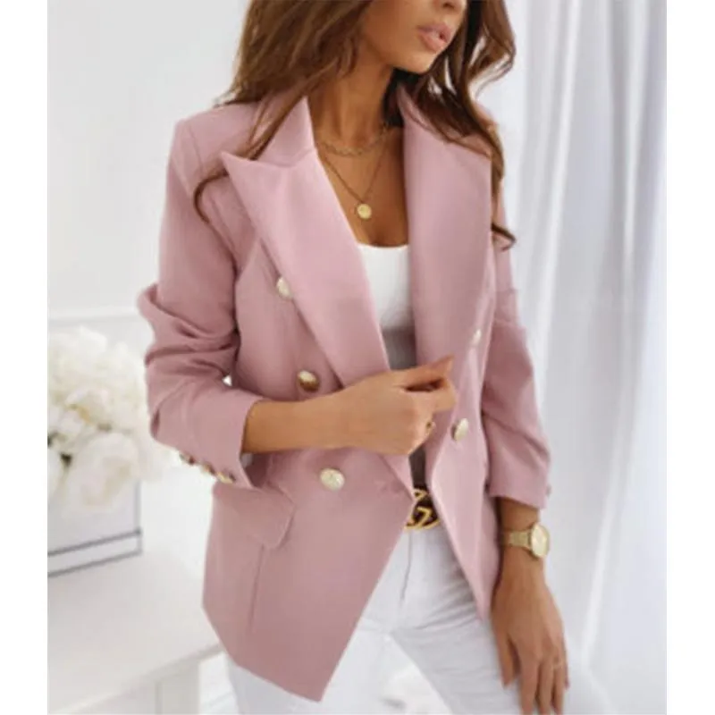 Women solid color shawl collar suit double breasted coat